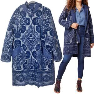 ANTHROPOLOGIE COAT BLUE CHENILLE TAPESTRY PARKA JACKET LONGLINE TEXTURED UNIQUE